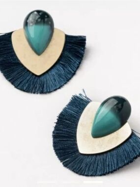 Teardrop Fringe Statement Earrings - Navy and Teal